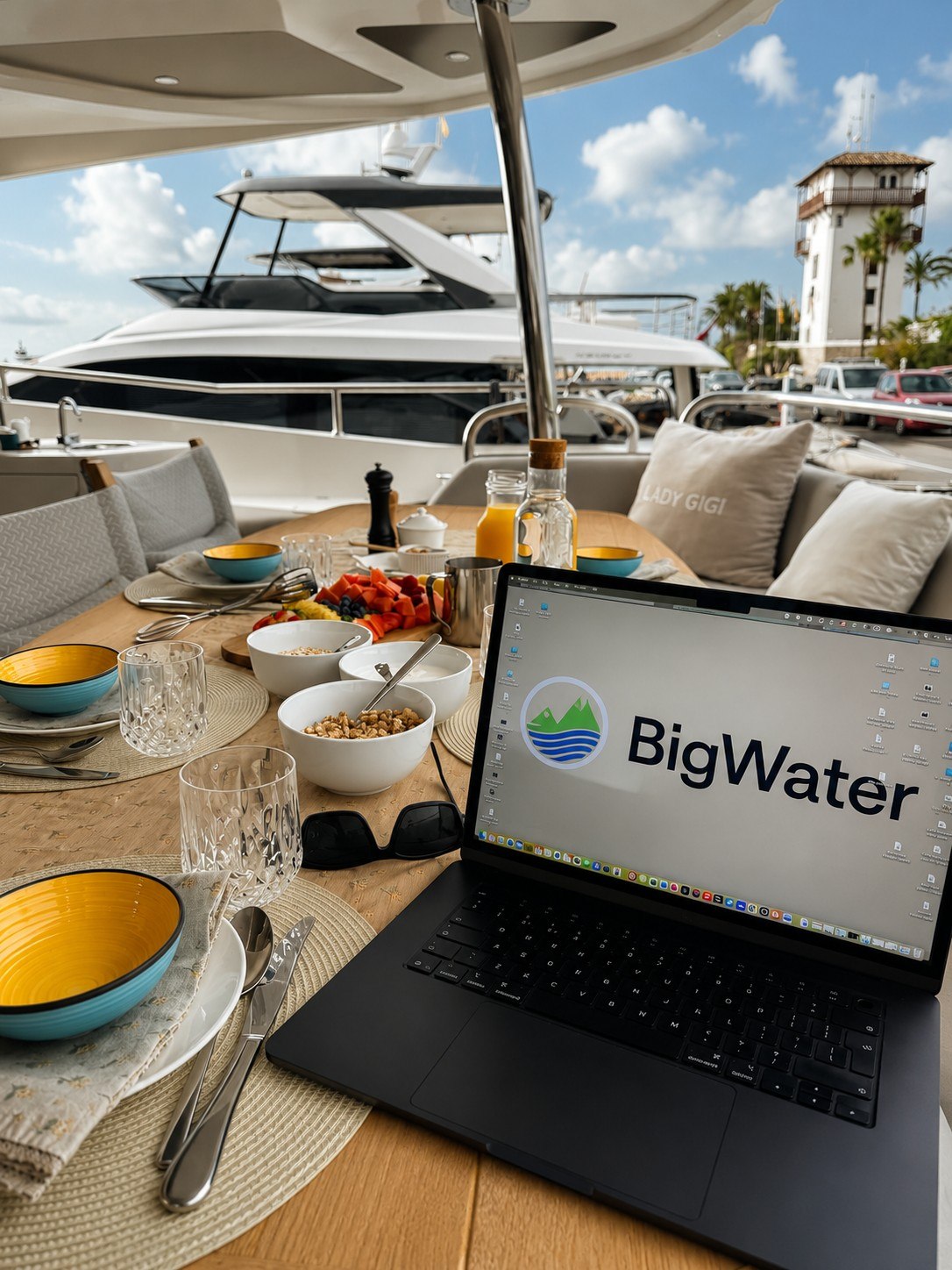 A digital nomad working over breakfast aboard a yacht at a sunlit marina, with BigWater open on the laptop